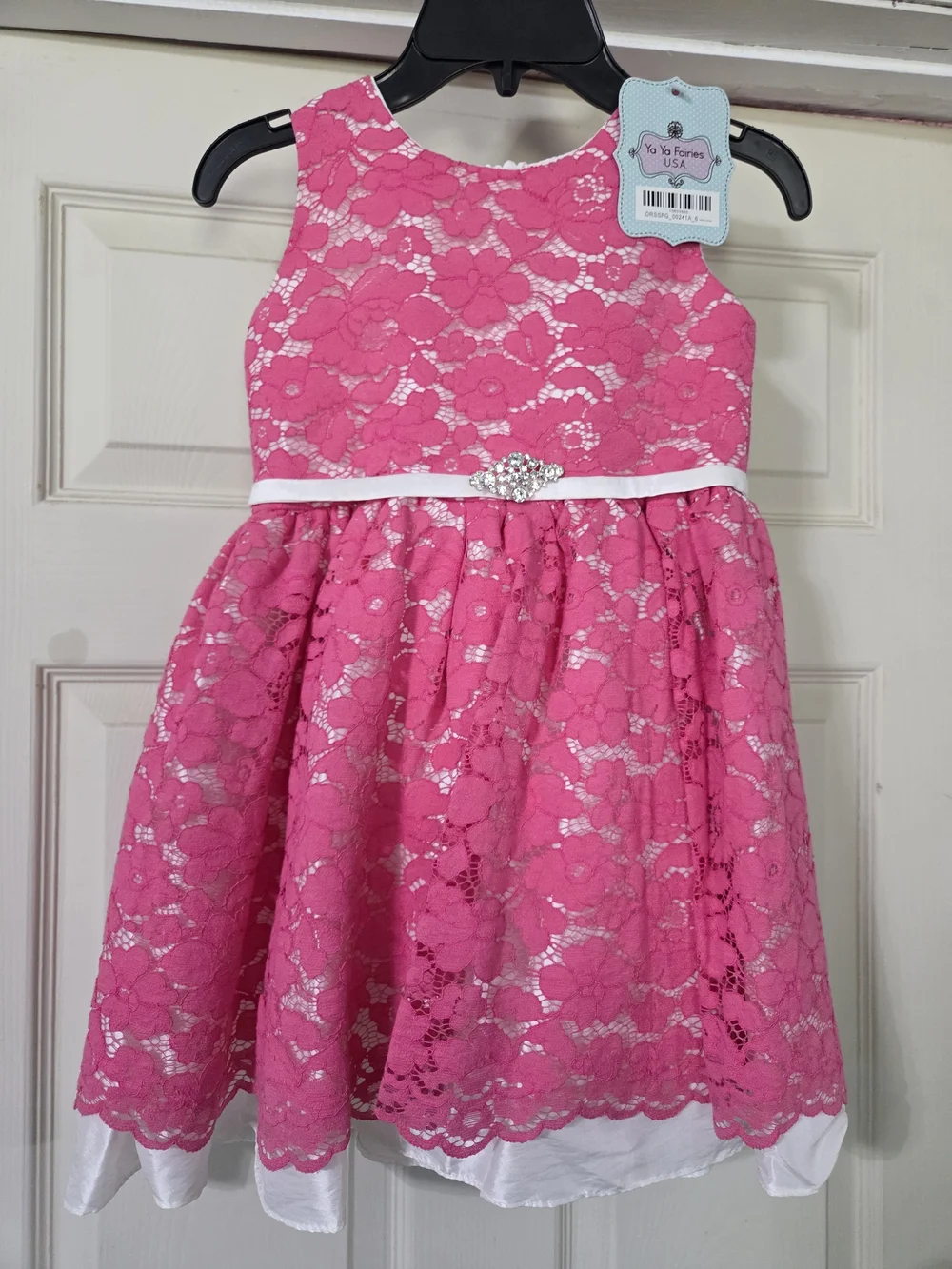 Ya Ya Fairies Hot Pink Floral Lace Princess Dress with Crystal Brooch